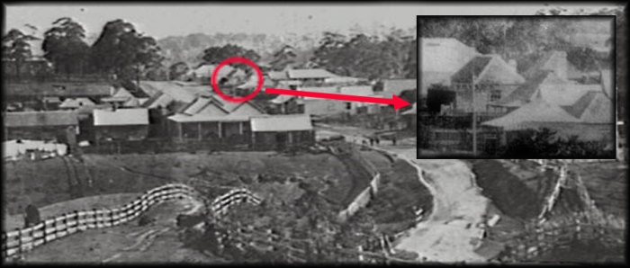 Old Bulli village C1880, showing inset Orvad's Denmark Hotel. A single storey weatherboard and slab dwellings. 
