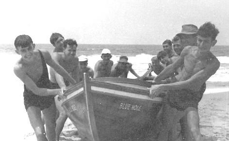 In the 1940s a surf club was formed at Era with their rescue boat christianed after the original Blue Hole boat. The members of the surf club included Peter Howe (front left) and Tony Piccinelli (front right). 